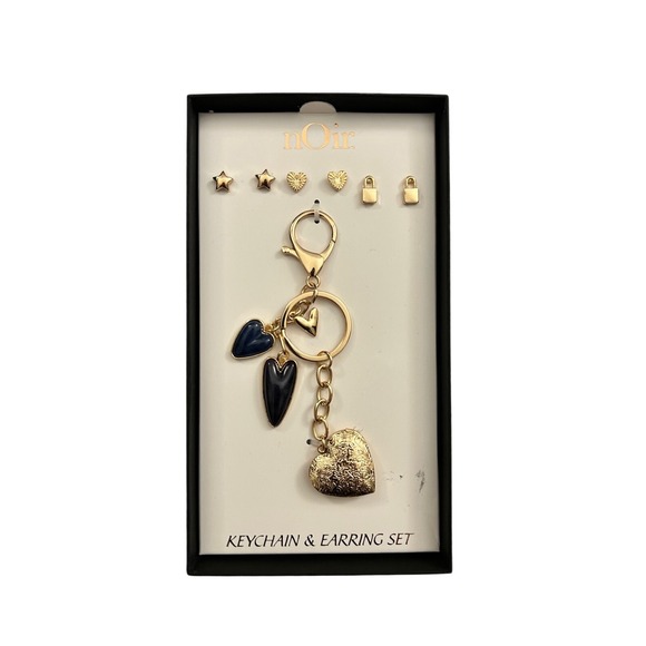 Noir Keychain and Earring Set Gold Tone Heart Charms Black Enamel Star Lock - Picture 2 of 3
